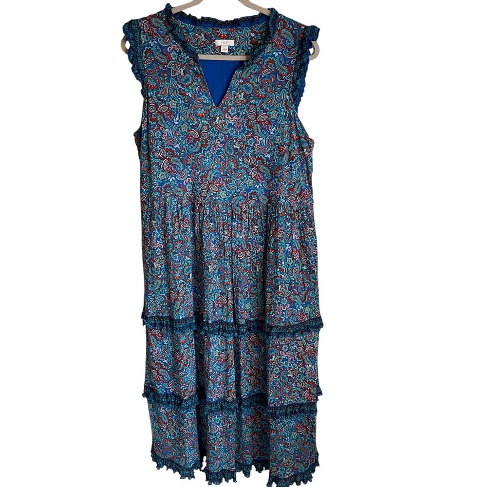 J Jill Dress Womens L Blue Floral Paisley Crepe Midi Dress Lined Sleeveless Boho